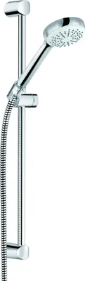 A chrome shower head and rail set against a white background.