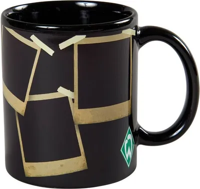 A black mug with a polaroid photo design and a Werder Bremen logo.