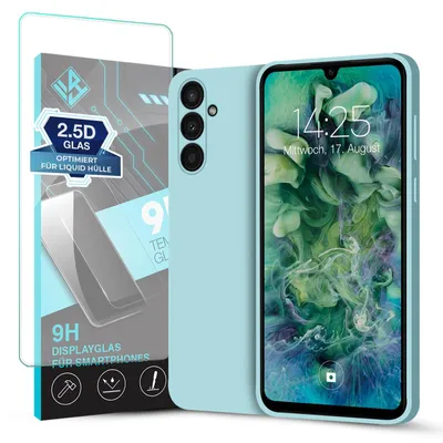 Produktbild von Hülle für Samsung Galaxy A34 5G mit 9H Displayglas Displayschutz Case Cover Bumper Smartphone Softgrip Schutzhülle Farbe: Hellblau
