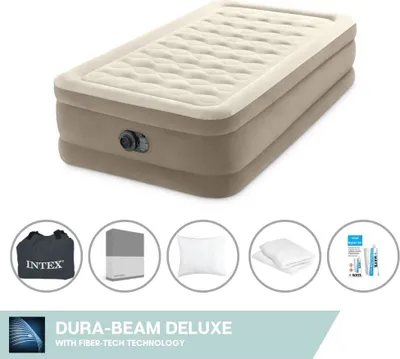 Immagine prodotto di Letto ad aria Intex - 1 persona - 99 x 191 x 46 cm - Beige - Con pompa incorporata + lenzuola antracite + cuscino + federe Molton 2 in 1 + set di riparazione