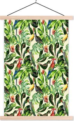 Produktbild von MuchoWow® Textilposter Blumen - Vogel - Blätter 60x90 cm mit holzfarbenen Rahmen - Textil