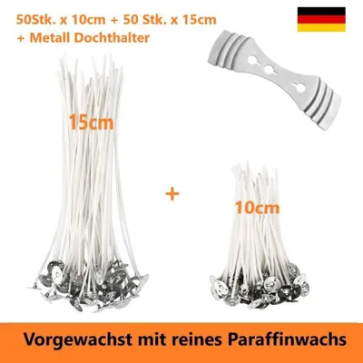Produktbild von 100 Stück Baumwoll Kerzendochte 10 cm & 15 cm mit Metallfuß, rund, rauchfrei, für DIY Kerzenherstellung, Teelichtdochte flexibel abschneidbar