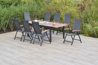 Produktbild von Merxx Gartenmöbelset Paxos 9tlg., 8 Klappsessel, Ausziehtisch 180 (250) x 100 cm- Aluminium/Akazie/Textil