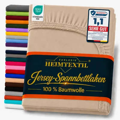 Produktbild von EXKLUSIV HEIMTEXTIL Marke Jersey Spannbettlaken 90 x 200 cm Sand 100% Baumwolle Bed-Sheet Bettlaken Spannbetttuch Topper Leinentuch