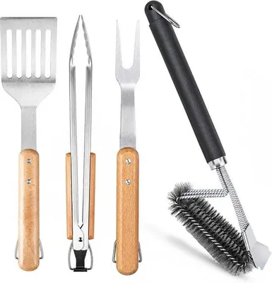 Produktbild von Grillset – Edelstahl – 4-teilig – Grillwerkzeug mit Holzgriffen – Für Grillliebhaber