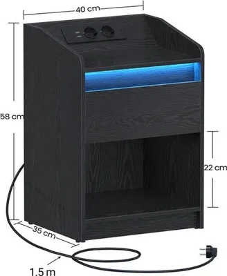 Image de Table de chevet avec station de charge et éclairage LED - 35x40x58 cm - meuble de chambre à coucher noir