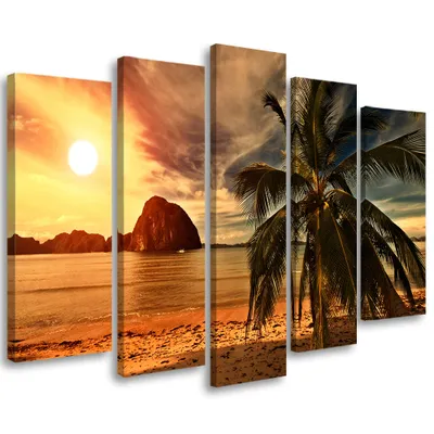 Produktbild von 5-teiliges leinwandbild meer sonnenuntergang palmen 100x70 cm Feeby orange wandbild bereit zum aufhängen