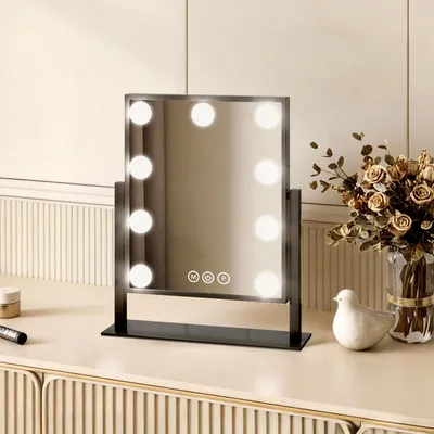 Produktbild von EMKE Hollywood Kosmetikspiegel 85x304x360mm mit 7x Vergrößerungsspiegel, Schwarz Schminkspiegel mit intelligent Touchscreen und 3 Lichtfarben, 9 Dimmer-LED-Leuchten, 360° drehbar und Memory-Funktion