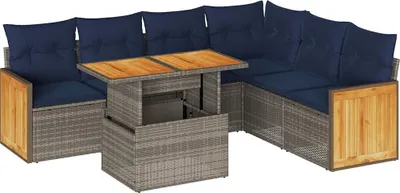 Produktbild von vidaXL 7-tlg. Garten-Sofagarnitur mit Kissen Grau Poly Rattan Akazie