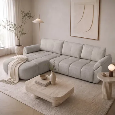 Obrázek produktu pro Rohová sedačka Beautysofa, model MASSIMO, univerzální rohová sedačka s možností rozložení na lůžko a úložným prostorem, barva béžová, potah z materiálu bouclé