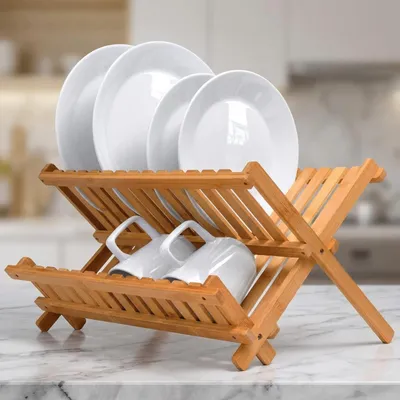 Immagine prodotto di Scolapiatti in bambù, pieghevole e resistente, ideale per l'organizzazione della cucina