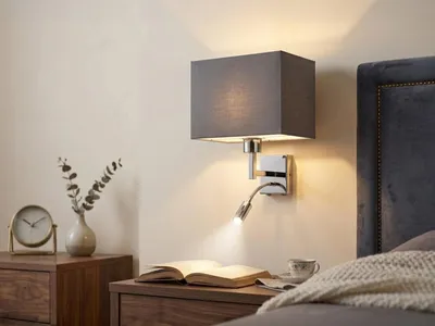 Produktbild von Wand-Leuchte Stoff Grau mit LED Leselampe für Bett - Nachttischlampe & Bettlampe