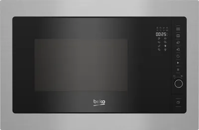 A front view of a built-in Beko microwave oven with a stainless steel frame and a black glass door.