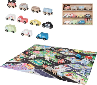 Produktbild von Holz-Autoset mit Spielmatte - Lehrreiches Verkehrsspielzeug für Kinder - mit magnetischem Zug, Autos und Straßenschildern