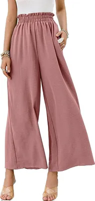 Image de ASKSA Femmes Pantalon d'été taille haute Pantalon large Jupe-culotte plissée Pantalon d'été loisirs avec poche, Rose, M
