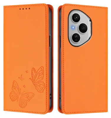 Produktbild von Lederhülle für Honor 400 Pro, Schmetterling Prägung Leder Brieftasche Schutzhülle mit Ständer Orange