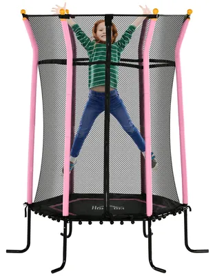 Image de Trampoline de jardin pour enfants de 163 cm, de couleur noire et rose, avec filet de sécurité pour les jeunes