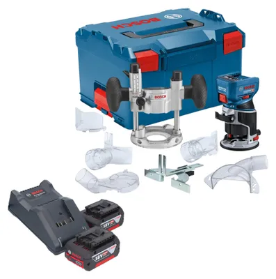 Produktbild von Bosch GKF 18V-8 Professional Akku Kantenfräse 18 V 8,0 mm Brushless + 2x Akku 4,0 Ah + Ladegerät + Taucheinheit + L-Boxx