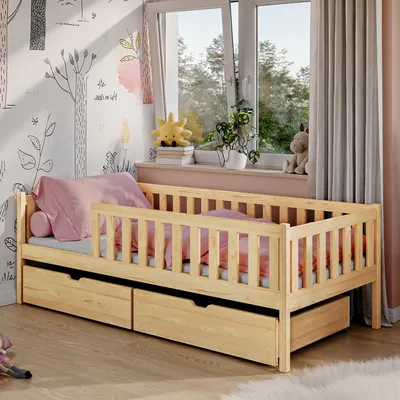 Obrázok produktu pre Detská posteľ s dvoma zásuvkami, ochranou proti vypadnutiu a lamelovým roštom, detská posteľ | bezpečná a stabilná | iné rozmery 80x160, 80x180, 90x200 cm | 90x190cm: od 4 do 13 rokov, príroda