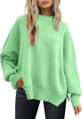 Produktbild von ASKSA Damen Pullover Langarm Rundhals Strickpullover Oversized Seitlichem Schlitz Rippstrick Sweater, Gruen, XL