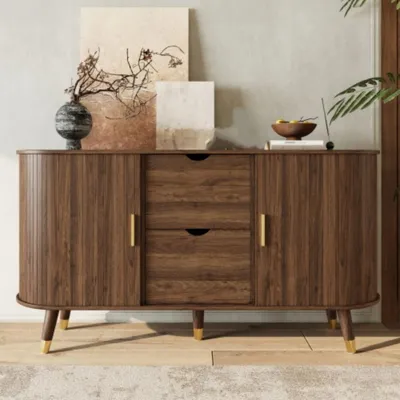 Produktbild von Sideboard, Kommode mit zwei Schiebetüren, zwei Schubladen, Küchenschrank und abgerundetem Eckschrank