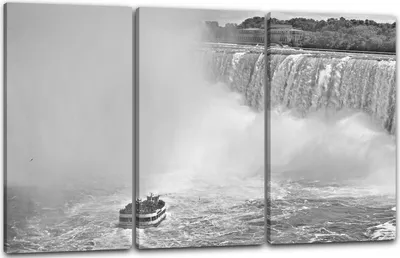 Produktbild von Leinwandbild 3-teilig (120x80cm): Wasserfall Boot boat Meer Schiff black white Natur-Bilder schwarz-weiß, echter Holz-Keilrahmen inkl. Aufhänger, handgefertigt in Deutschland