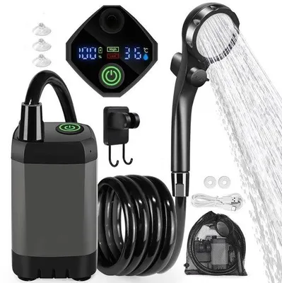 Obrázok produktu pre Súprava elektrickej kempingovej sprchy, dobíjateľná sprcha, prenosná sprcha, vodotesná, s inteligentným displejom, sprchová hlavica so 4 režimami pre vonkajšie použitie, kempovanie, turistiku