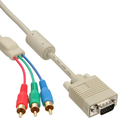 Produktbild von InLine VGA RGB Kabel, VGA Stecker an 3x Cinch Stecker, 2m, 2 m, VGA (D-Sub), RCA, Beige, Gold, Stecker/Stecker