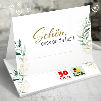 Produktbild von 50 Tischkarten Schön dass du da bist floral grün-gold, Hochzeit Modern Botanical