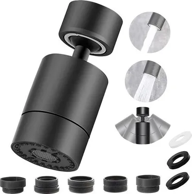 Produktbild von Drehbares Wasserhähnchen, 360-Grad-Drehung, doppelte Funktion, Wasserbesparung, Perlator mit 2 Sprühfunktionen, Sprühkopf, Küche, Badezimmer, Aufsatz (schwarz)