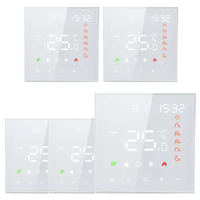 A collage of smart thermostat devices on a white background.