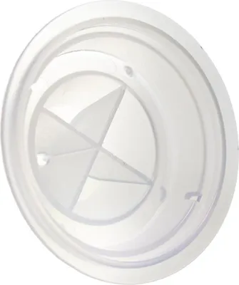A clear plastic cap with internal fins is shown from a top-down, slightly angled perspective against a white background.