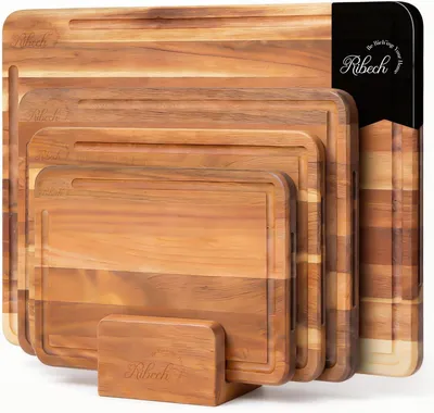 Produktbild von Schneidebrett-Set 4-teilig, Akazienholz, für Küche, 4 Größen, mit Aufbewahrungsständer