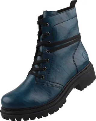 A single blue boot with black laces and a black sole is shown against a white background.