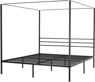 Produktbild von König-Größe-Metall-Himmelbett-Frame mit vierfach-Design, robuste Stahllatten, unterbettige Aufbewahrung, keine Boxspring erforderlich, einfache Montage, schwarz