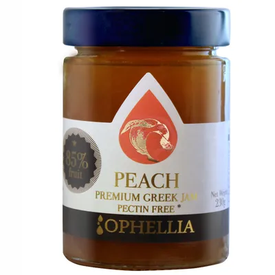Produktbild von Ophellia Pfirsichmarmelade 230 g – 85 % Fruchtanteil, griechischer Brotaufstrich