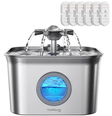 Produktbild von Katzenbrunnen Trinkbrunnen Katzentrinkbrunnen - Edelstahl - 2,8 L - 6 Filter - Mit Wasserstandsfenster