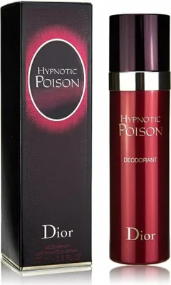 A product shot of a Dior Hypnotic Poison deodorant spray and its packaging.