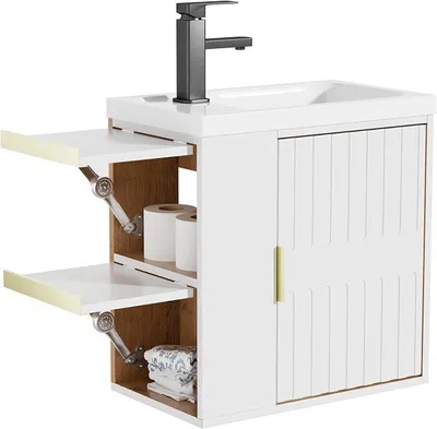 Produktbild von Waschtisch mit Unterschrank hängend 50,5 cm für Badezimmer, Weiß | Gäste-WC Waschtisch kleine, Waschbecken mit Wasserhahn, Waschtischunterschrank, Waschplatz ausreichend Stauraum,Badmöbel Set
