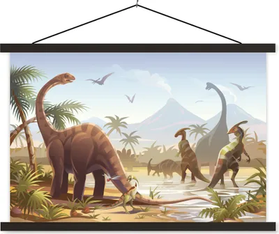 Produktbild von MuchoWow® Textilposter Dinosaurier - Landschaft - Tropisch - Kinder - Jungen 150x100 cm mit schwarzem Rahmen - Schlafzimmer