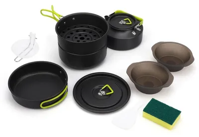 Immagine prodotto di Set da cucina da campeggio, 10 pezzi, colore verde: pentola da 2 litri, padella da 1 litro, bollitore da 1,1 litri
