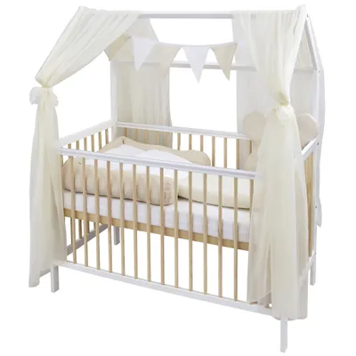 Produktbild von Baby-Delux Hausbett Kinderbett Gitterbett Weiß Natur 60x120 Beißschienen Schutzgitter Matratze Bett Set Waffelpique Musselin Beige Chiffonhimmel
