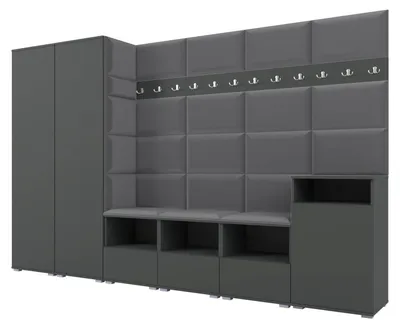 Obrázek produktu pro Šatní skříň NELA XII 300 cm – modulární nábytek do předsíně, grafitová barva s polstrovaným sedákem v tmavě šedé barvě 15 (obrovská sada)