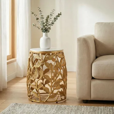 Immagine prodotto di FineBuy Tavolino da 40 cm dorato con piano in marmo bianco Tavolino da salotto piccolo rotondo Tavolino da divano Tavolino da soggiorno Struttura in metallo di alluminio Realizzato a mano