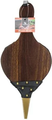 A wooden bellows with a black leather bellows and a gold nozzle, presented on a white background.