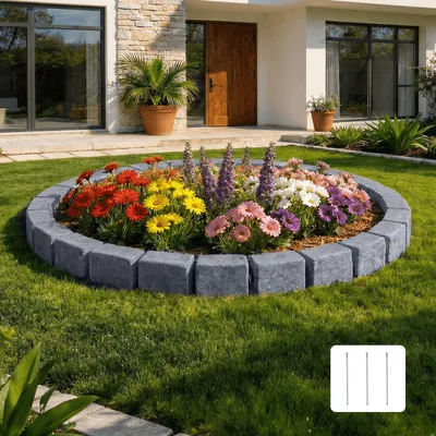 Produktbild von VEVOR Beeteinfassung in Steinoptik, 119 cm, Beetumrandung ohne Graben, Rasenkante für Rasen, Blumenbeete & Garten, 1er-Pack (je 6 Steine à119x10x 15,5 cm), 3 Befestigungsspitzen, Grau
