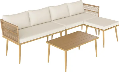 Image de Outsunny Salon de jardin extérieur en résine tressée 5 places modulable avec 2 canapés, pouf et table basse, coussins déhoussables inclus, mobilier de jardin pour balcon terrasse véranda, crème