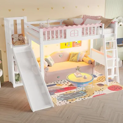Image de OKWISH Lit Mezzanine 90x200 cm - Lit Enfant avec Étagère et Toboggan, Éclairage LED Télécommandé, Sans Matelas, Pin Massif et MDF, Blanc