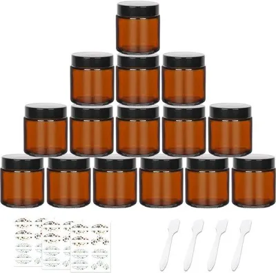 Productafbeelding van Glazen Potten 15 Stuks - 120 ml - Amberkleurig - Cosmetische Containers - Zwarte Deksels - Met Etiketten