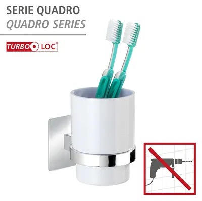 Produktbild von WENKO Turbo-Loc® Zahnputzbecher Quadro, Wandhalter ohne Bohren, Becher aus Kunststoff in Weiß, herausnehmbar, 7 x 10 x 9,5 cm, Spezialklebepad